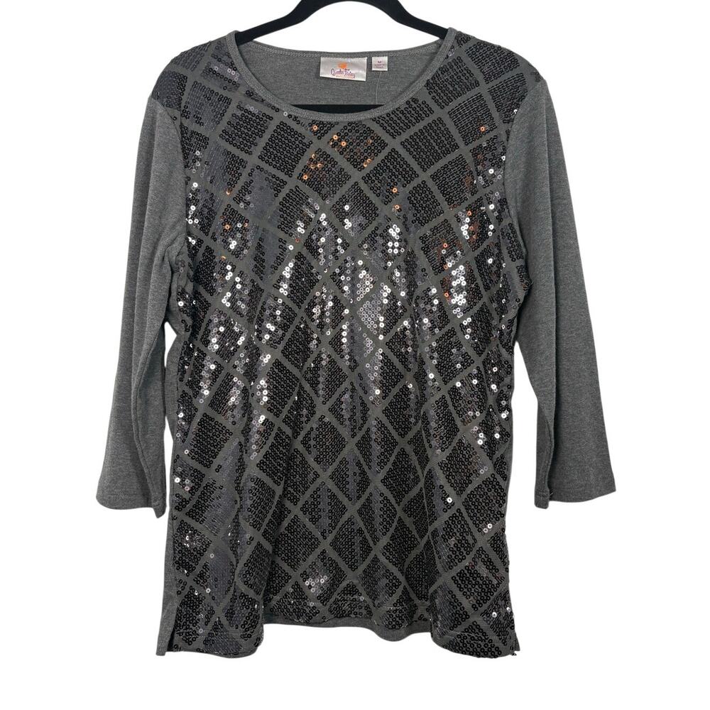 Quacker Factory Gray Diamond Sequin Bling 3/4 Sleeve Top Tunic Shirt Shimmer M